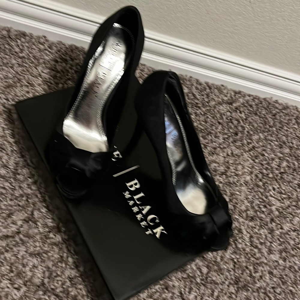 White House Black Market black satin heals. 7M